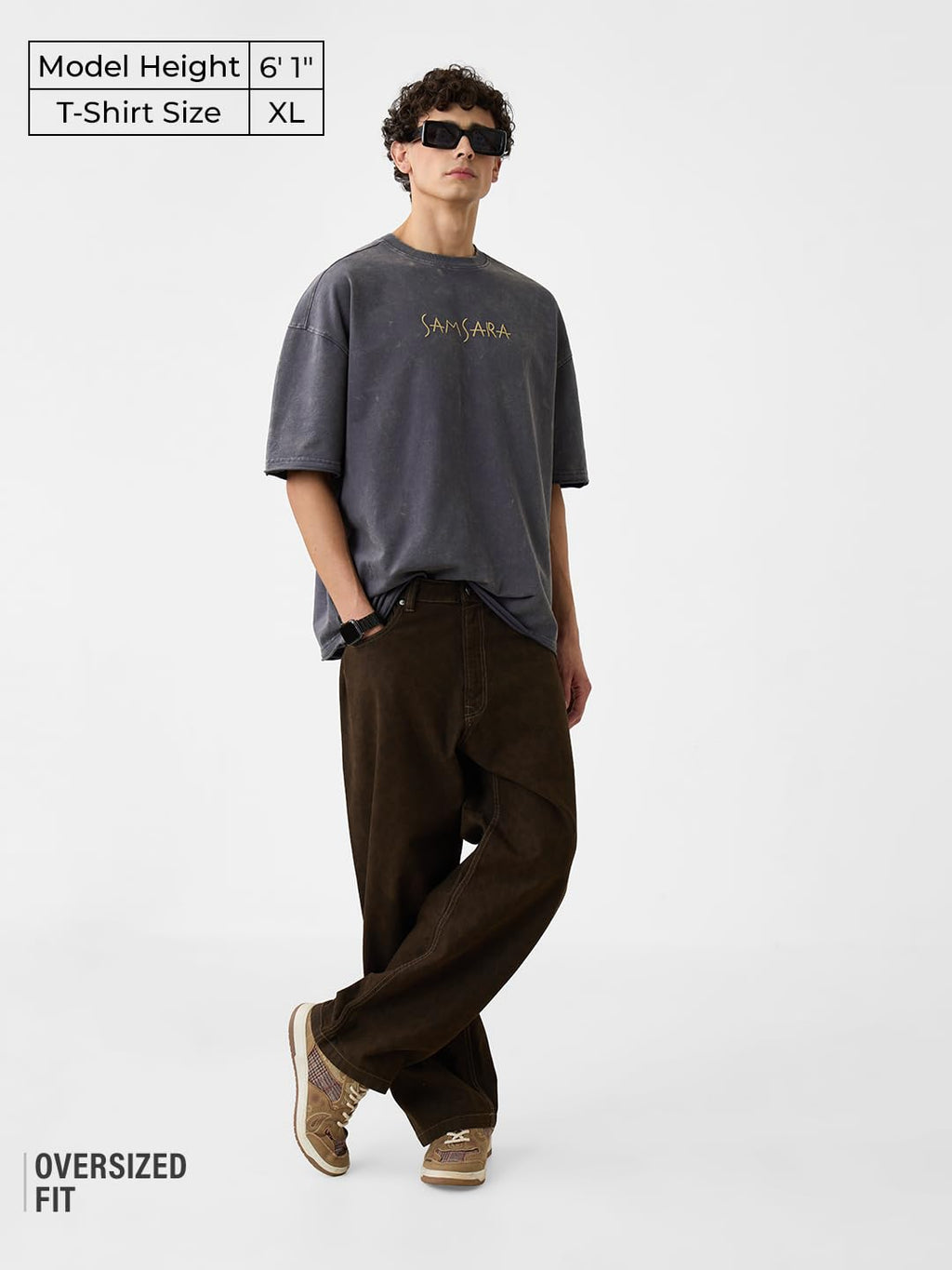 The Souled Store Samsara Men and Boys Short Sleeves Round Neck Grey Graphic Printed Cotton Super Oversized T-Shirts