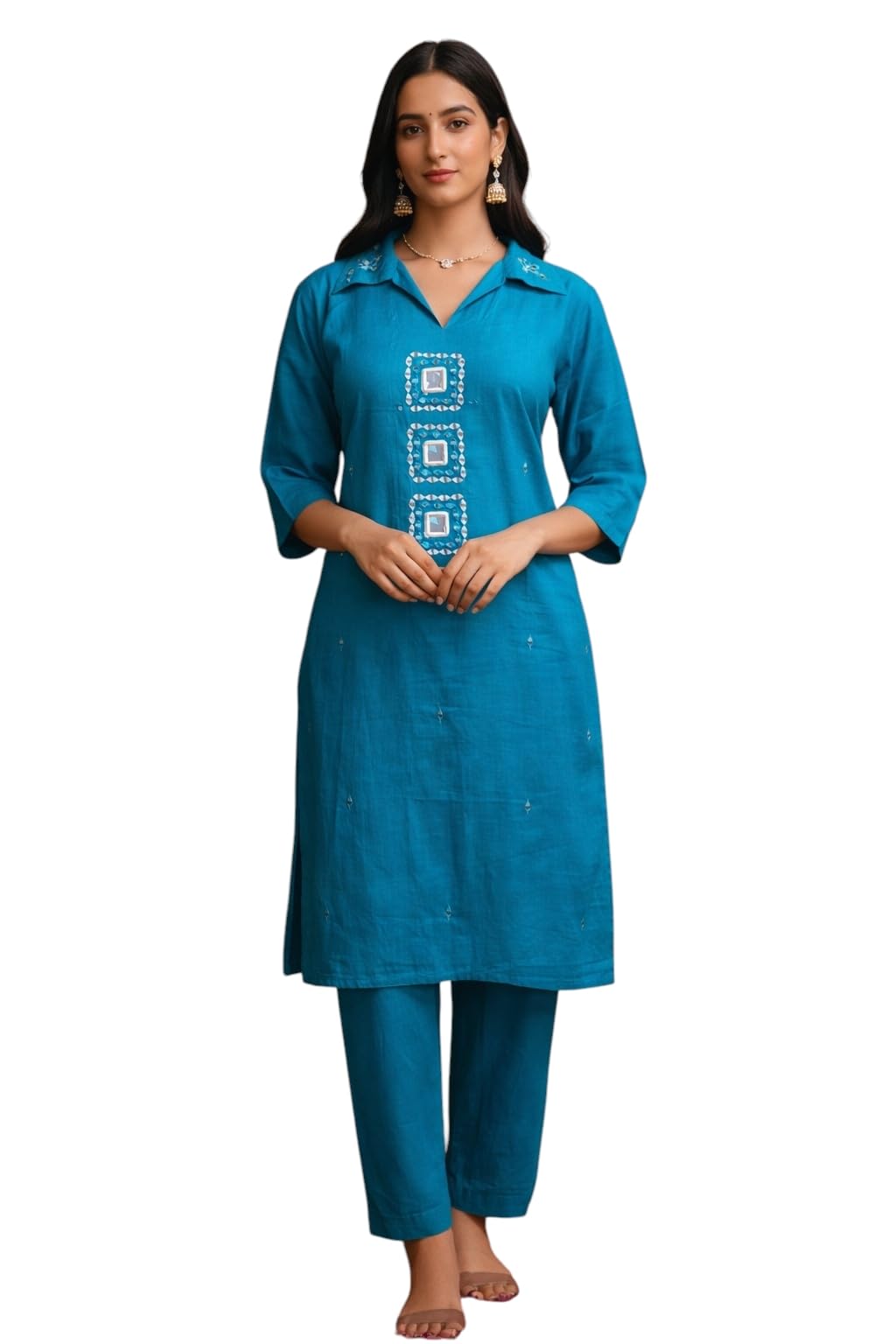 Aarika Womens Ethnic Wear Sea Blue Colour Mirror Embroidery Cotton Blend Kurti & Pant Set-(M-Xxl)-(Kp-W-Ac-1710-T-Blue-L)