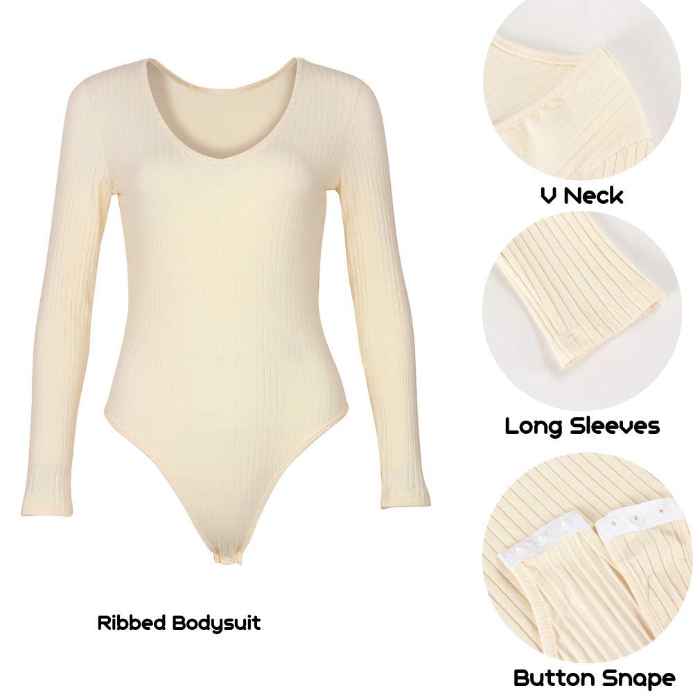 GEMBERA Women's Deep V Neck Long Sleeve Bodysuit Ribbed Knit Bodycon Thong Bodysuit Tops White Cream M