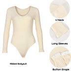 GEMBERA Women's Deep V Neck Long Sleeve Bodysuit Ribbed Knit Bodycon Thong Bodysuit Tops White Cream S