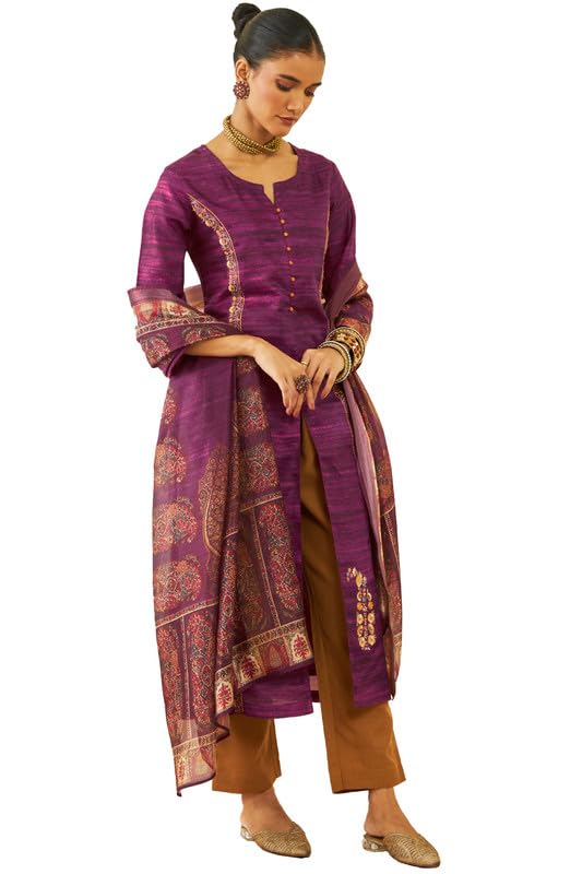 Soch Womens Wine Silk Blend Floral Embroidered Straight Kurta Suit Set