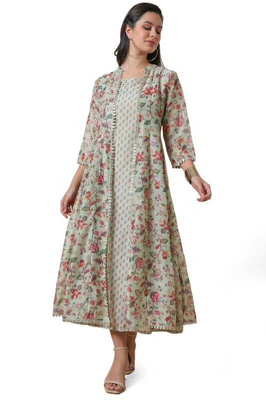 Soch Women Printed Chanderi Blend Dress with Jacket