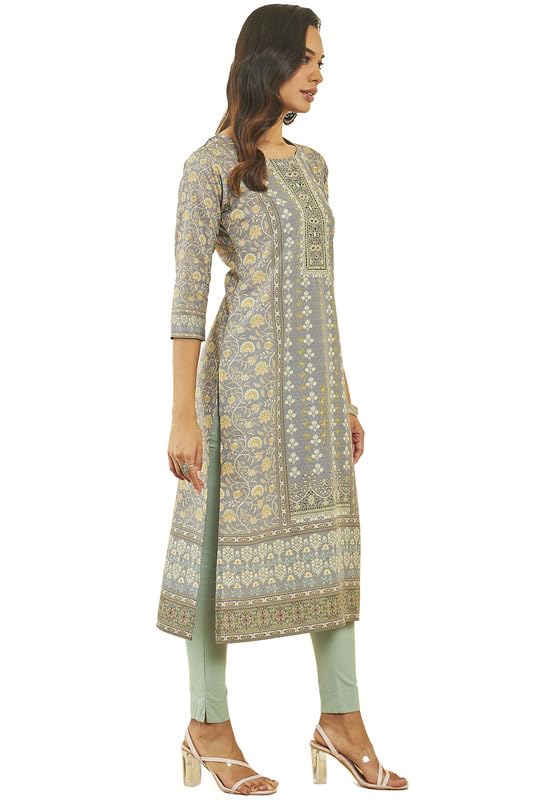 Soch Womens Grey Muslin Botanical Print Straight Kurta With Mirror Work