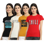 Preneum Womens Cotton Regular Fit Latest Graphic Stylish Printed Short Sleeves Casual T-Shirt (Pack 4), Black & Off White & Yel