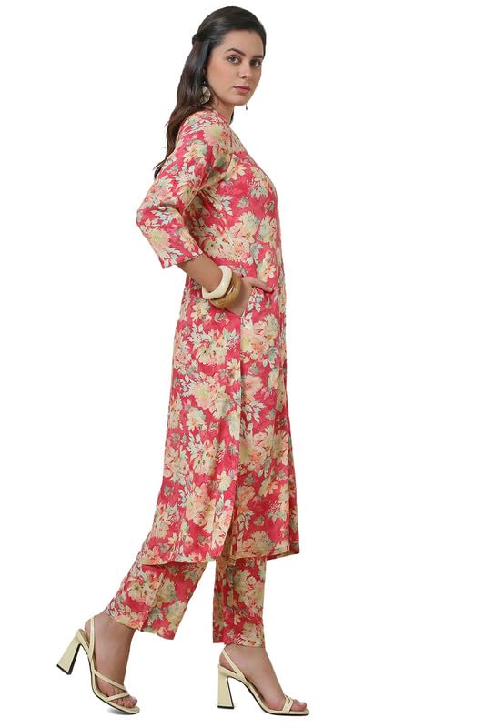 Soch Womens Pink Floral Print Princess Cut Rayon Co-Ord Set