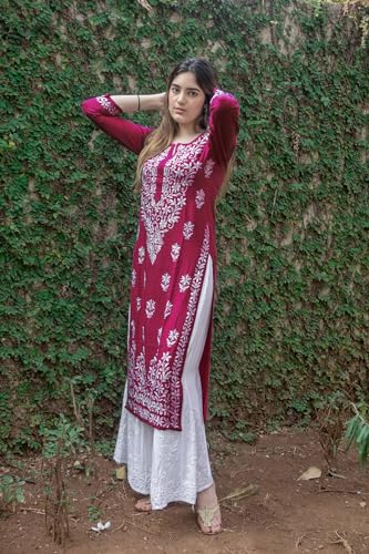 ANNI DESIGNER Womens Rayon Blend Straight Chikankari Embroidered Kurta (Victoria Pink_S_Beige_Small), Straight Fit