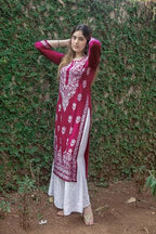 ANNI DESIGNER Womens Rayon Blend Straight Chikankari Embroidered Kurta (Victoria Pink-NW_M_Beige_Medium)