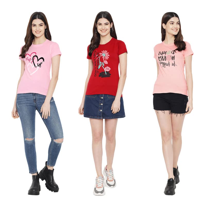 Preneum Womens Cotton Regular Fit Latest Graphic Stylish Printed Short Sleeves Casual T-Shirt || Trend & Style (Pack 3), Pink &