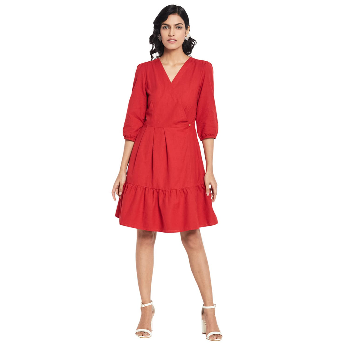 Fabindia Women Cotton Linen Knee Length Midi Dress Red_M