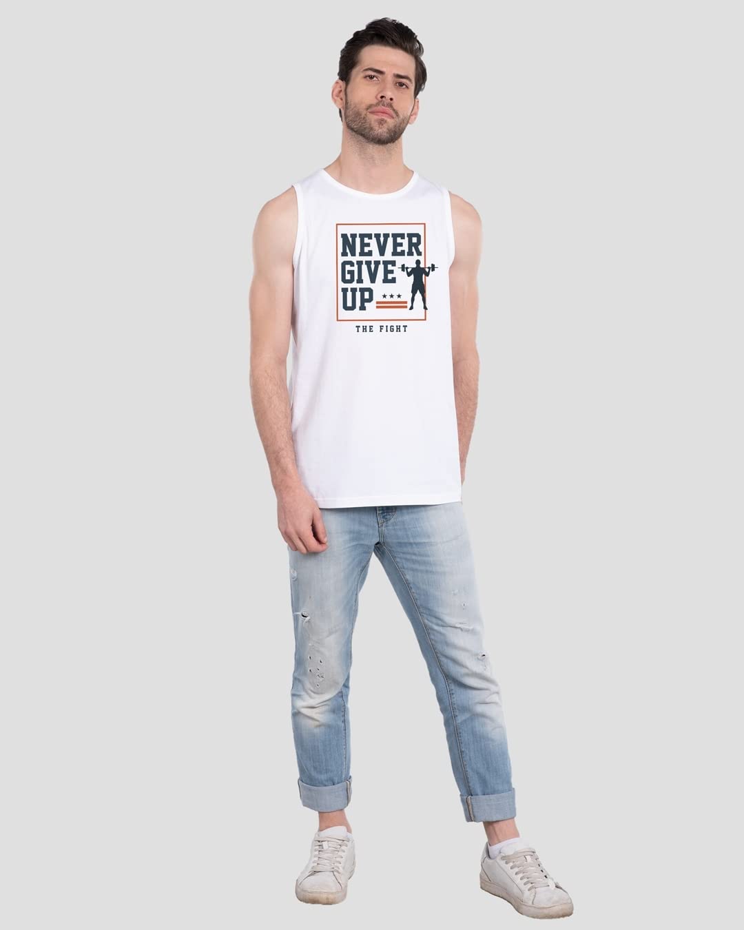 Bewakoof Mens Typography 100% Cotton Vest - Regular Fit, Round Neck, Sleeveless White