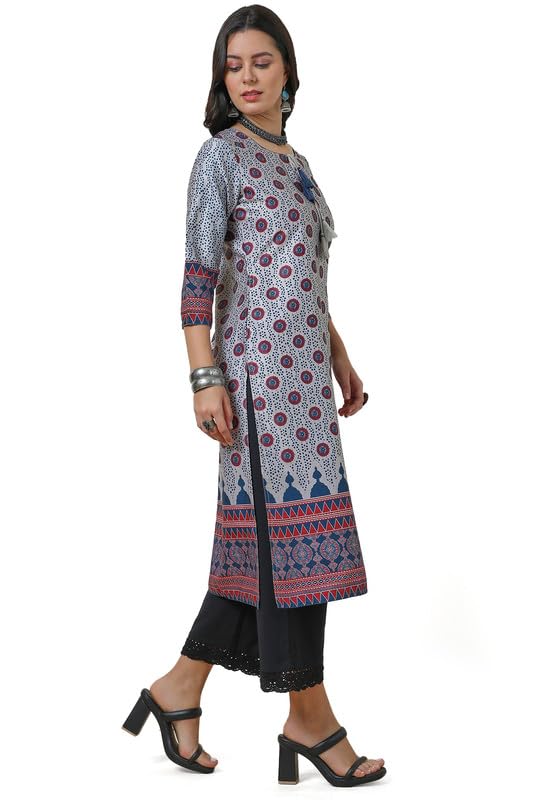 Soch Womens Grey Ethnic Motifs Kurta With Tie-Up Neck