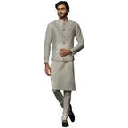 Kisah MenS Silver And Cream Kurta Jacket Churidar Set Cotton Blend, Woven Design, Full Sleeves, Straight, Regular Fit, Mandarin