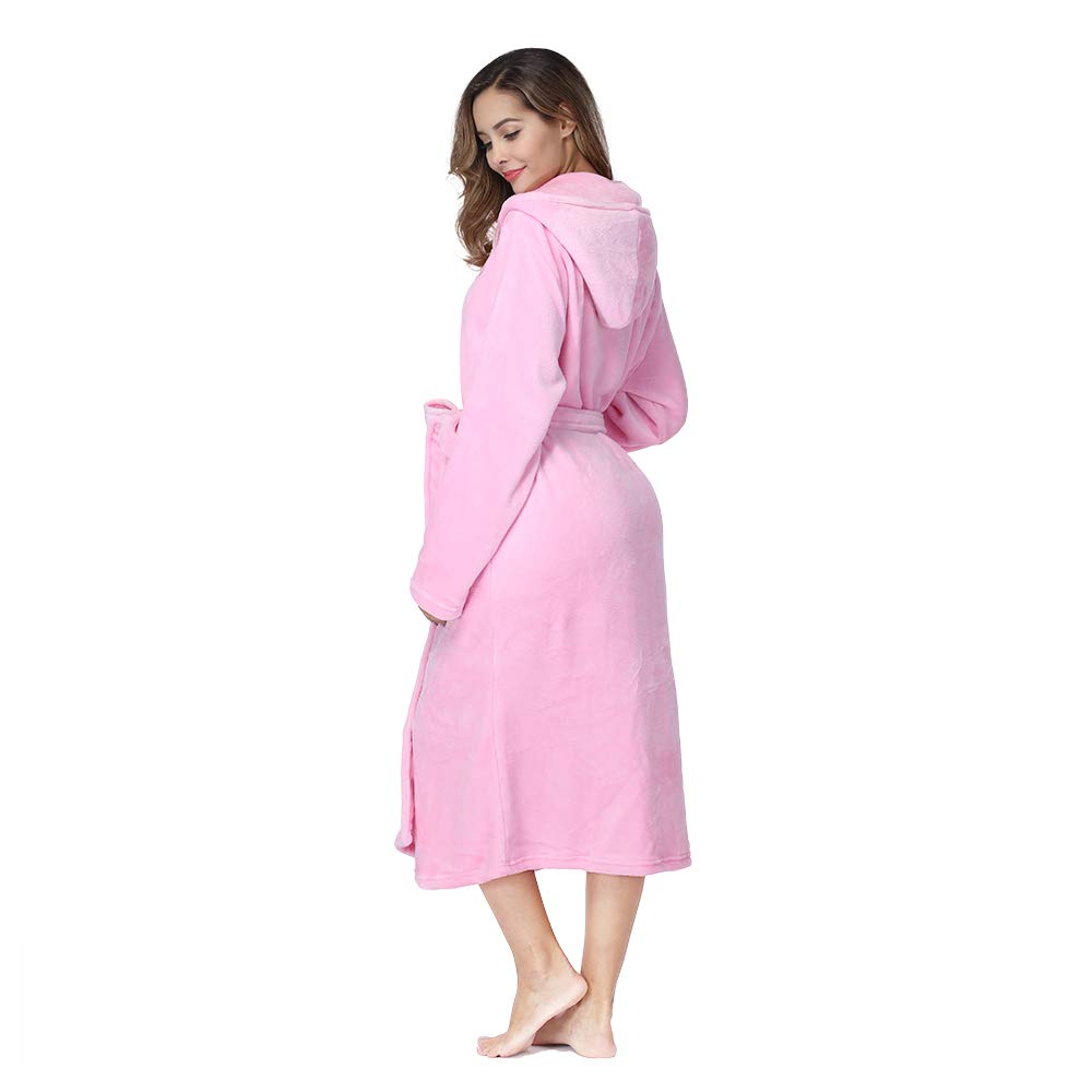RONGTAI Womens Robes Plush Fleece Pink Hooded Bathrobe Thick Nightgown with Pockets Fluffy Sleepwear Small