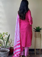 ANNI DESIGNER Womens Cotton Blend Straight Printed Kurta with Pant & Dupatta (Noor Pink-SM_S_Pink_Small)