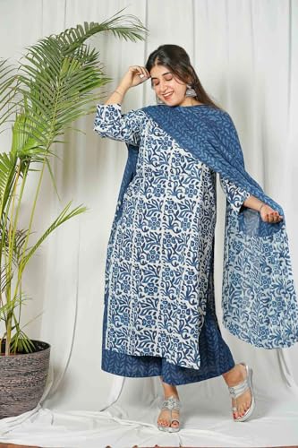 ANNI DESIGNER Womens Cotton Blend Straight Printed Kurta with Palazzo & Dupatta (Nazneen Blue_L_Blue_Large)