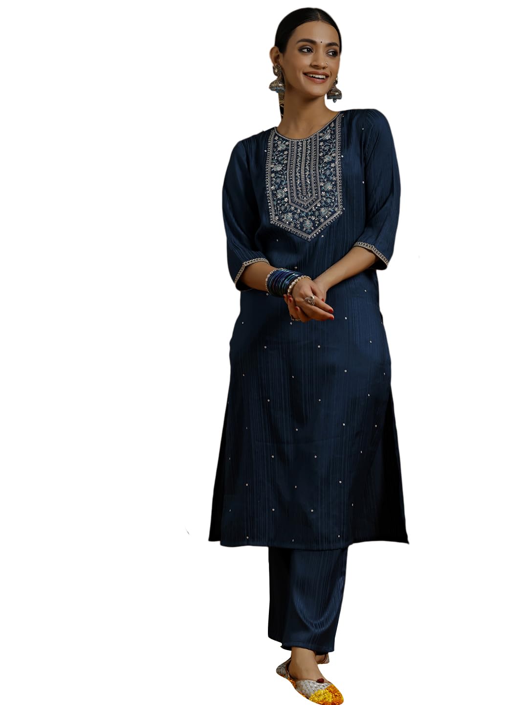 Libas Gerua Womens Embroidered Silk Blend Straight Kurta With Trousers Blue