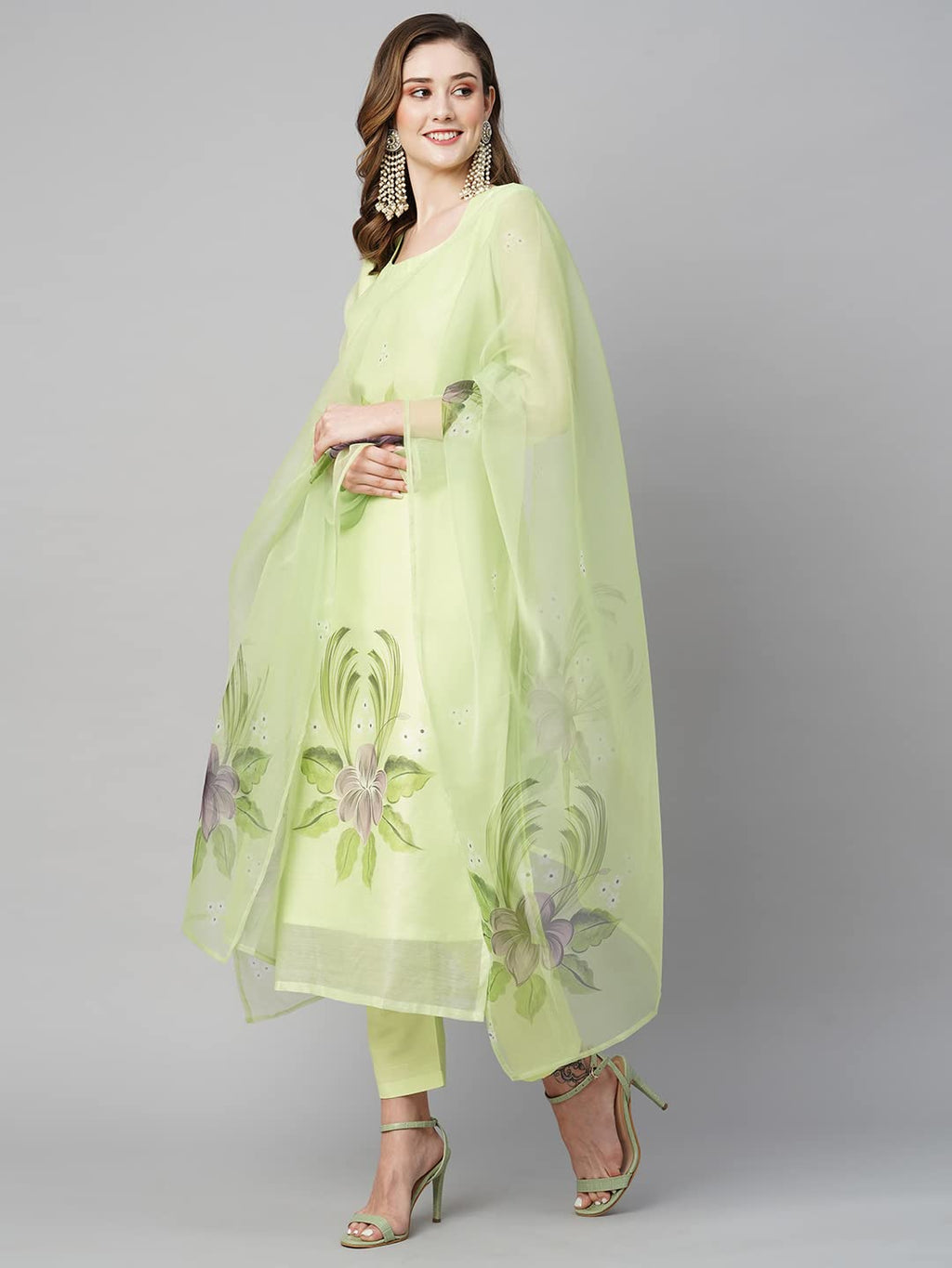 ANNI DESIGNER Womens Chanderi Cotton Straight Printed Kurta with Pant & Dupatta (Idika Green-NW_L_Green_Large)