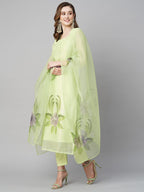ANNI DESIGNER Womens Chanderi Cotton Straight Printed Kurta with Pant & Dupatta (Idika Green-NW_L_Green_Large)