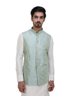Manyavar Green Art Silk Embroidered Celebration Kurta Jacket Set With Mandarin Collar