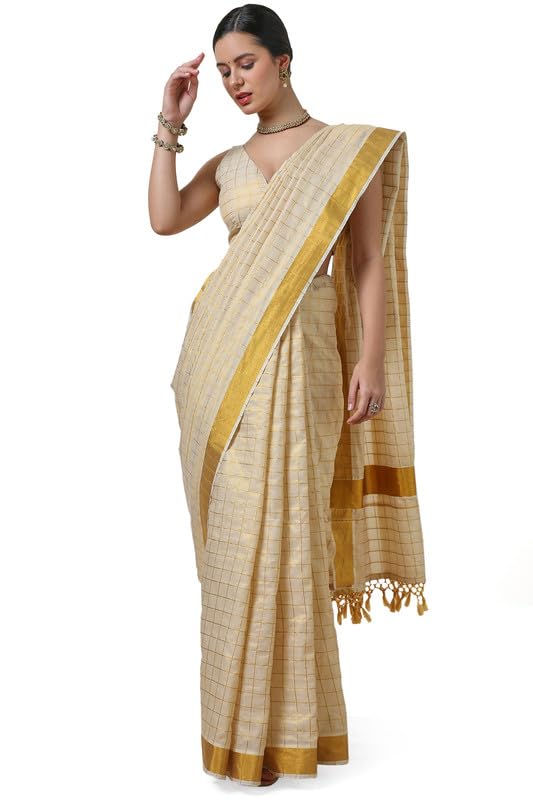 Soch Women Checkered Tissue Kasavu Saree