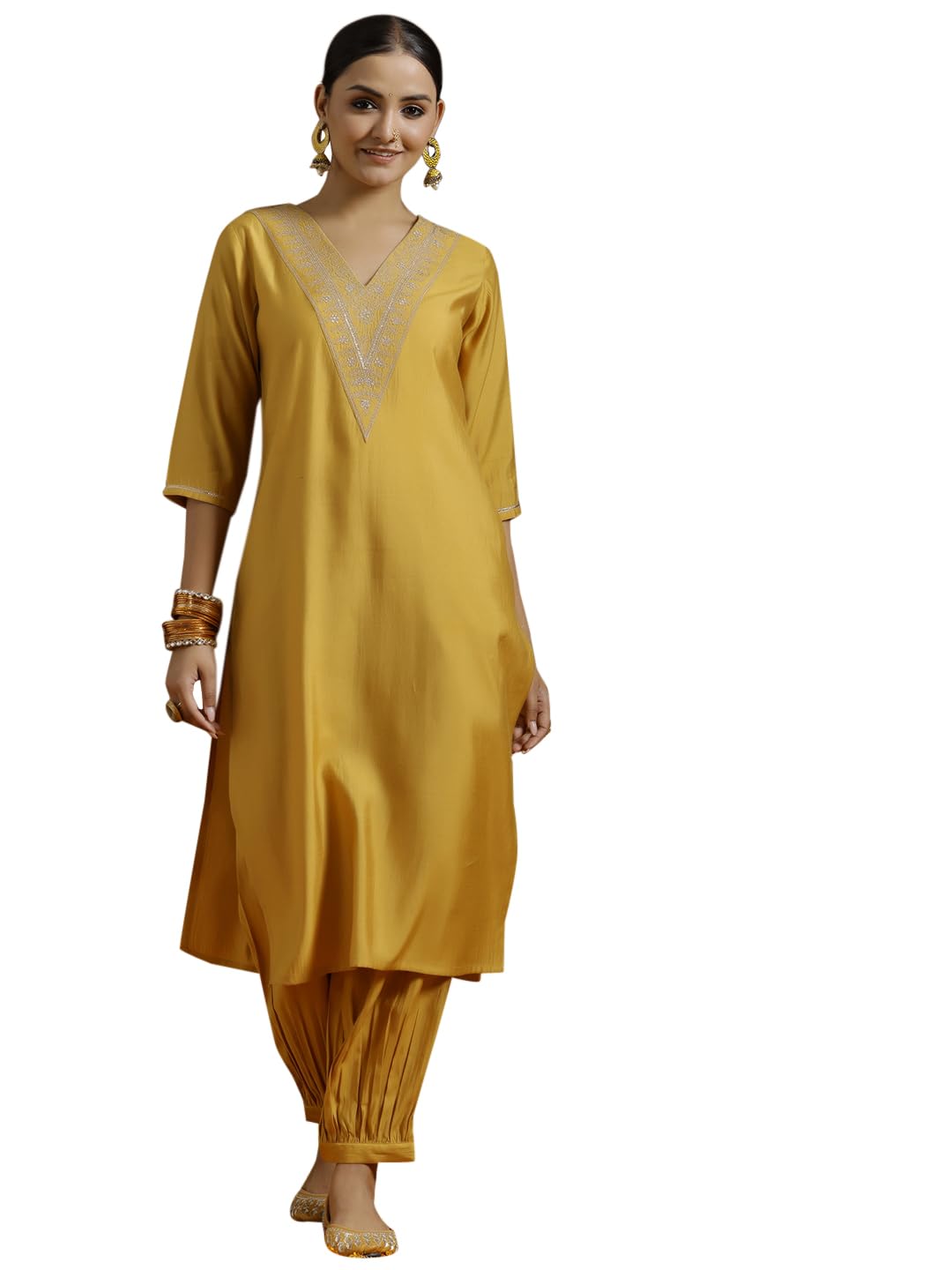 Libas Gerua Womens Yoke Design Silk Blend Straight Kurta With Salwar