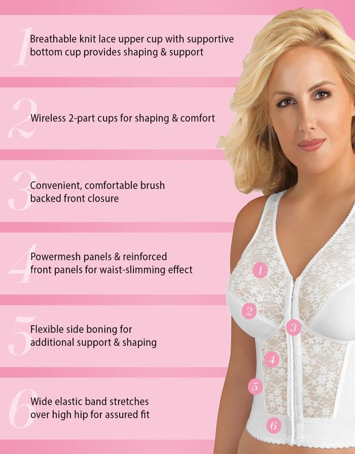 Exquisite Form womens Fully Front Close Longline Lace Posture Bra, White, 48D US