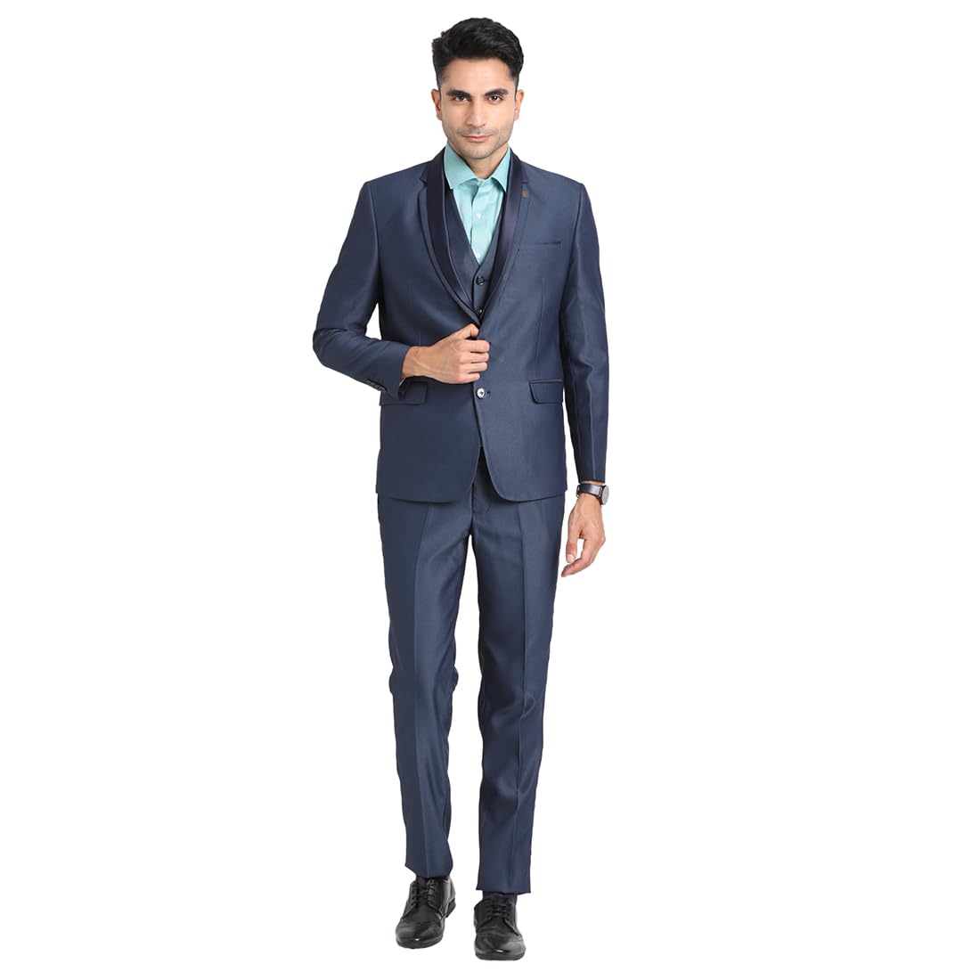 Turtle Men Polyviscose Lycra Tailored Fit Blue Three Piece Party Suits