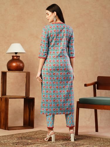 ANNI DESIGNER Womens Cotton Blend Straight Printed Kurta with Pant (Balajyoti Blue-NW_S_Blue_Small)