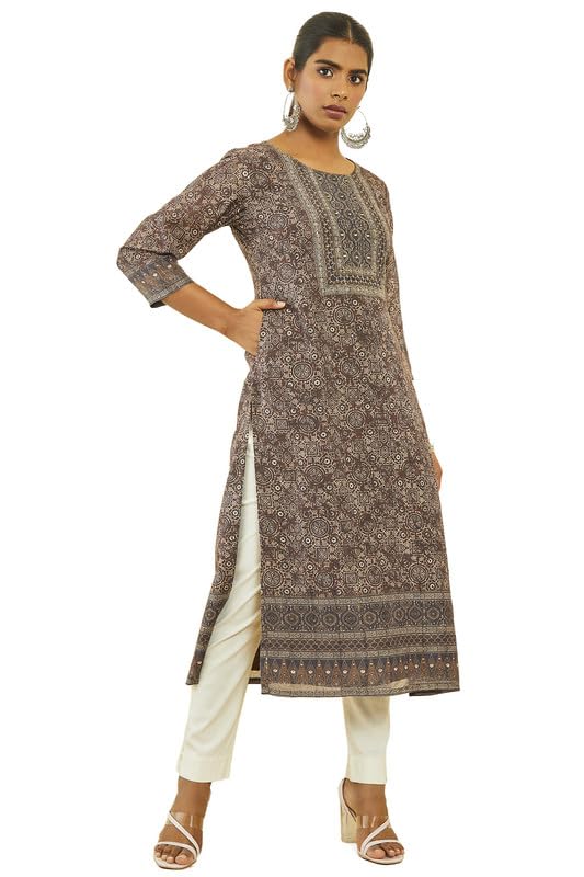 Soch Women Chanderi Printed Round-Neck Straight Kurta with Pocket