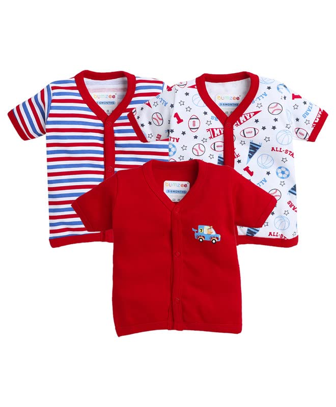 BUMZEE Red & White Girls Half Sleeves Regular Jablas Pack of 3 Age - 3-6 Months (Peb8215C-Red.Wht)