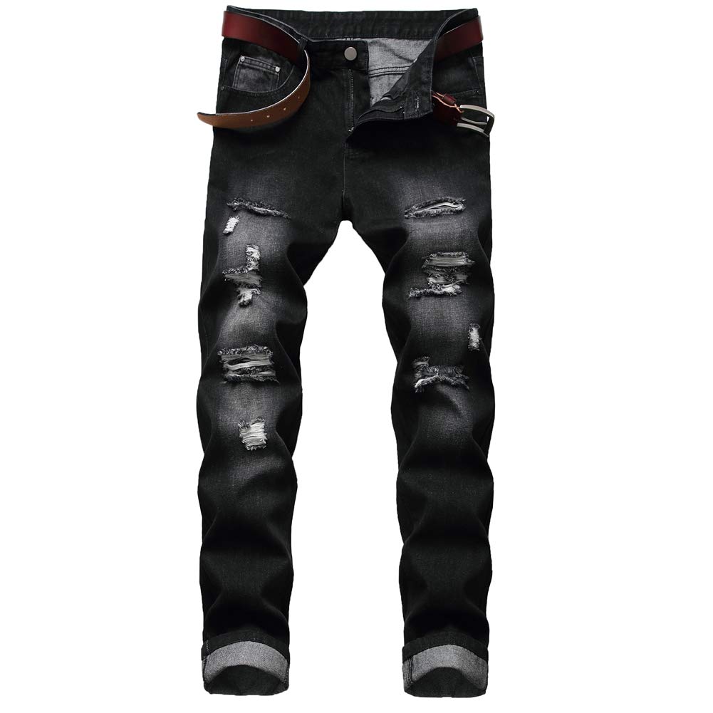 LZLER Men's Black Jeans Ripped Flex Denim Mens Fashion Jeans Revival Biker Moto Size 38