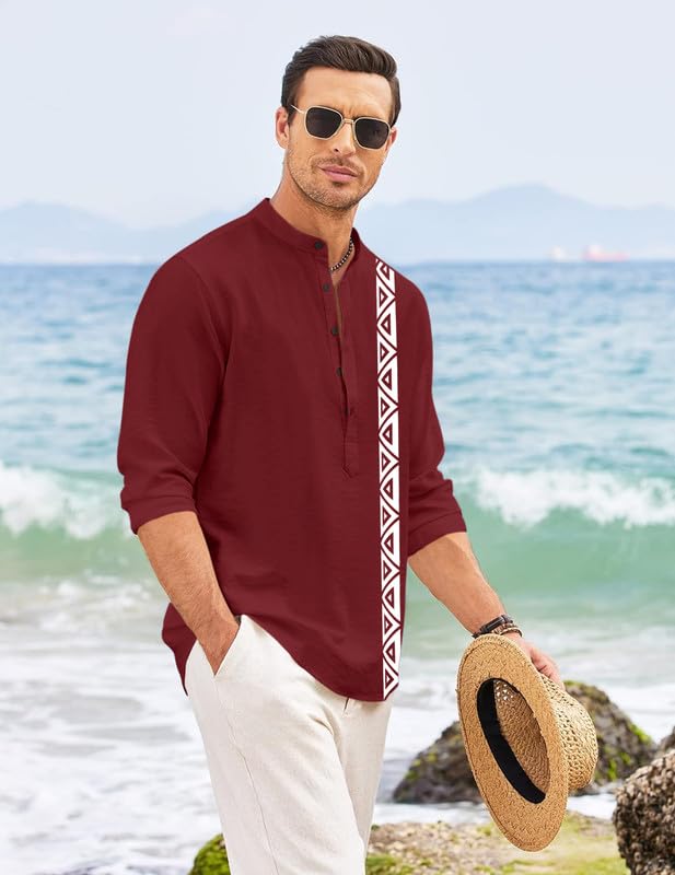 Finivo Fashion MenS Short Kurta With Printed Geometric Side Panel | Cotton Blend Full Sleeve Ethnic Topwear With Mandarin Collar