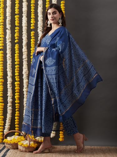 ANNI DESIGNER Womens Cotton Blend Straight Printed Kurta with Pant & Dupatta (Rakta Blue_S_Blue_Small)