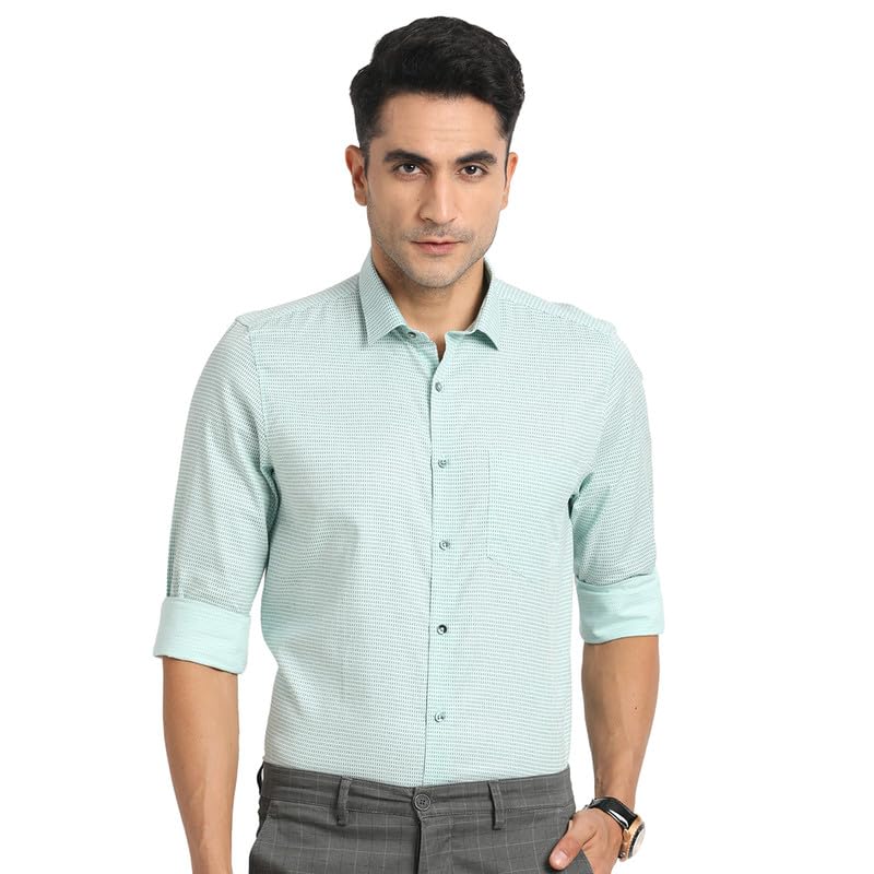 Turtle Men Cotton Tencel Slim Fit Mint Green Printed Formal Shirt