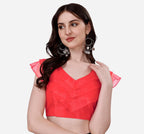 Pujia Mills Womens V Neck Orgenza Three Layer Ruffle Sleeve Frill Readymade Saree Blouse