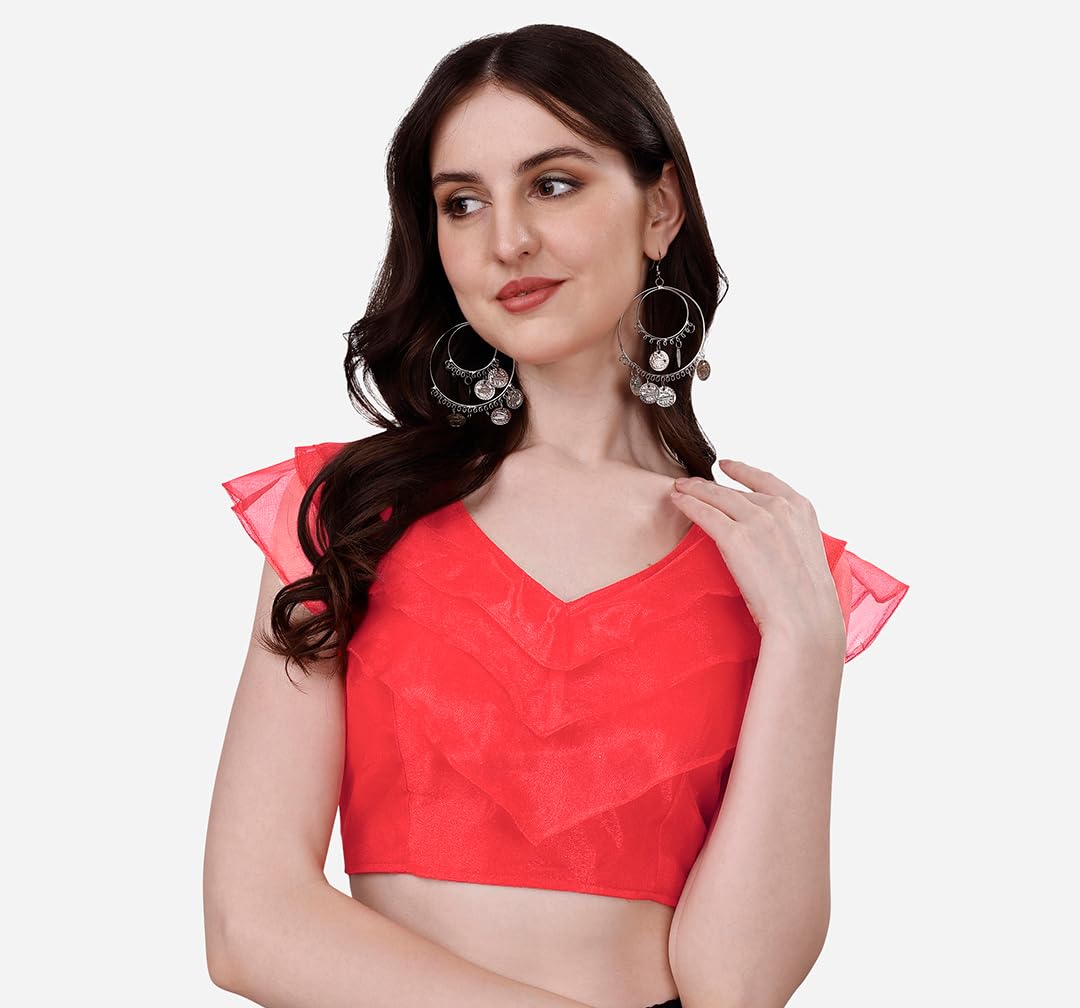 Pujia Mills Womens V Neck Orgenza Three Layer Ruffle Sleeve Frill Readymade Saree Blouse