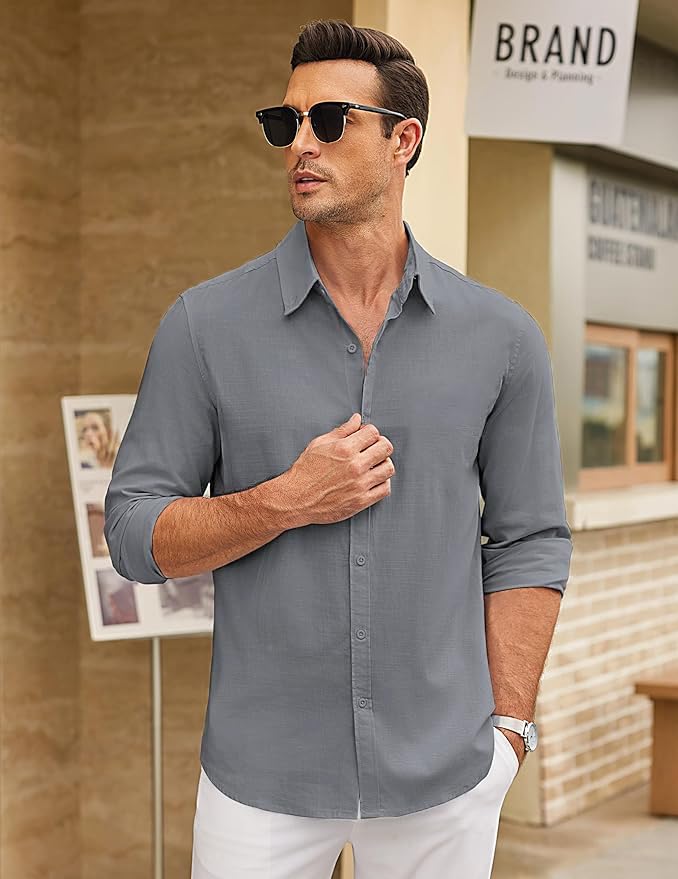 CB-COLEBROOK Mens Long Sleeve Button Down Shirts Casual Cotton Linen Shirts Summer Beach Shirt for Mens Top (in, Alpha, 2XL, Re