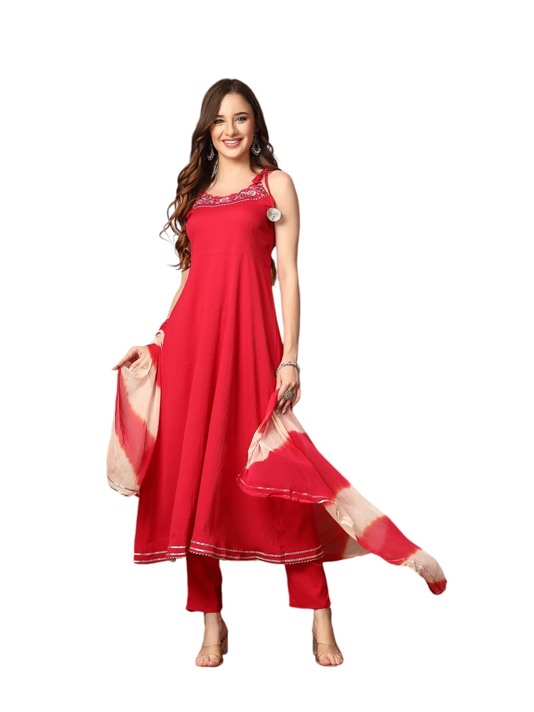 Stylum Womens Solid & Embroidered Poly Crepe A-Line Kurta Dupatta Set (KDRANIHASSAL36_Pink, S)