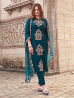 Womanista WomenS Cotton Blend Solid Straight Embroidered Kurta Set (Kurtaset_1397_Teal