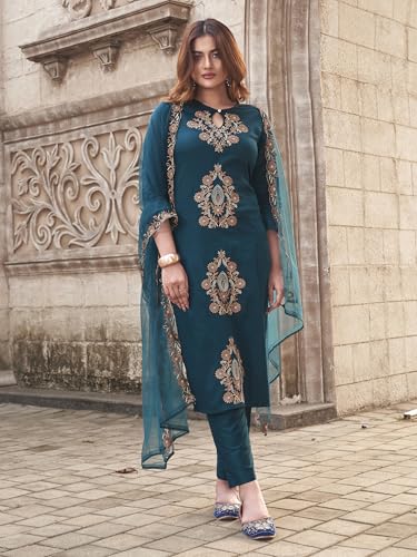 Womanista WomenS Cotton Blend Solid Straight Embroidered Kurta Set (Kurtaset_1397_Teal