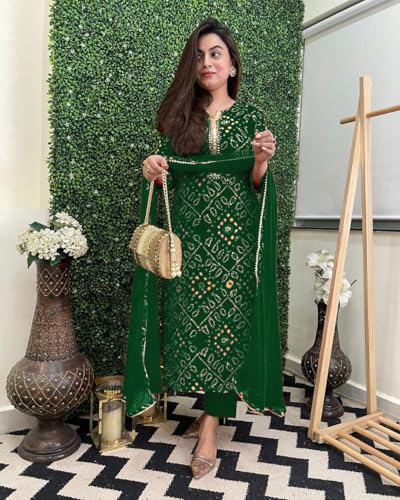 ANNI DESIGNER Womens Rayon Blend Straight Printed Kurta with Pant & Dupatta (TURAE Green_L_Green_Large)