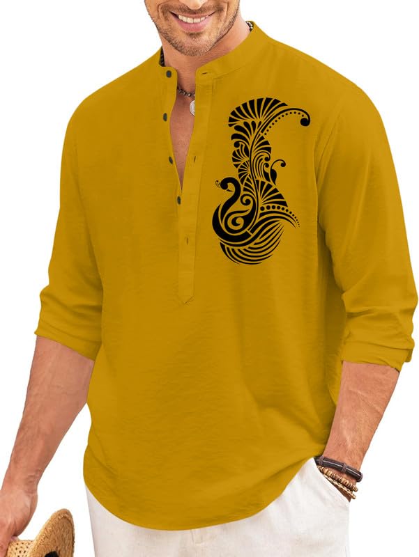 Finivo Fashion MenS Printed Cotton Blend Short Kurta With Artistic Chest Design | Stylish Full Sleeve Casual Kurta With Mandarin