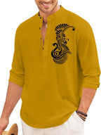 Finivo Fashion MenS Printed Cotton Blend Short Kurta With Artistic Chest Design | Stylish Full Sleeve Casual Kurta With Mandarin