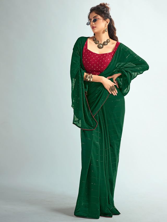 Satrani Womens Georgette Sequence Work & Piping Border Saree with Unstitched Blouse Piece