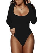BelleLovin Women's Square Neck Long Sleeve T-shirt Basic Bodysuit Jumpsuits (Black., X-Large)