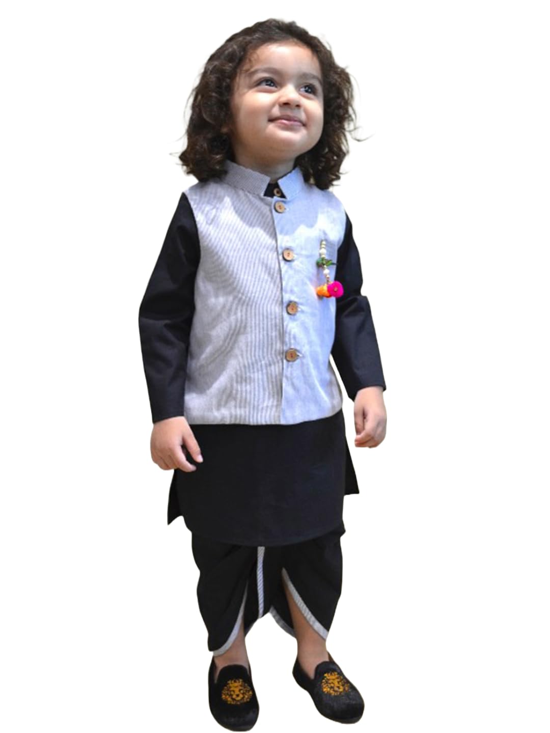 A.T.U.N. (ALL THINGS UBER NICE) Boys Ethnic Wear Black Navy Pinstripe Cotton Dhoti Kurta with Linen Jacket Set (3 Piece Set)