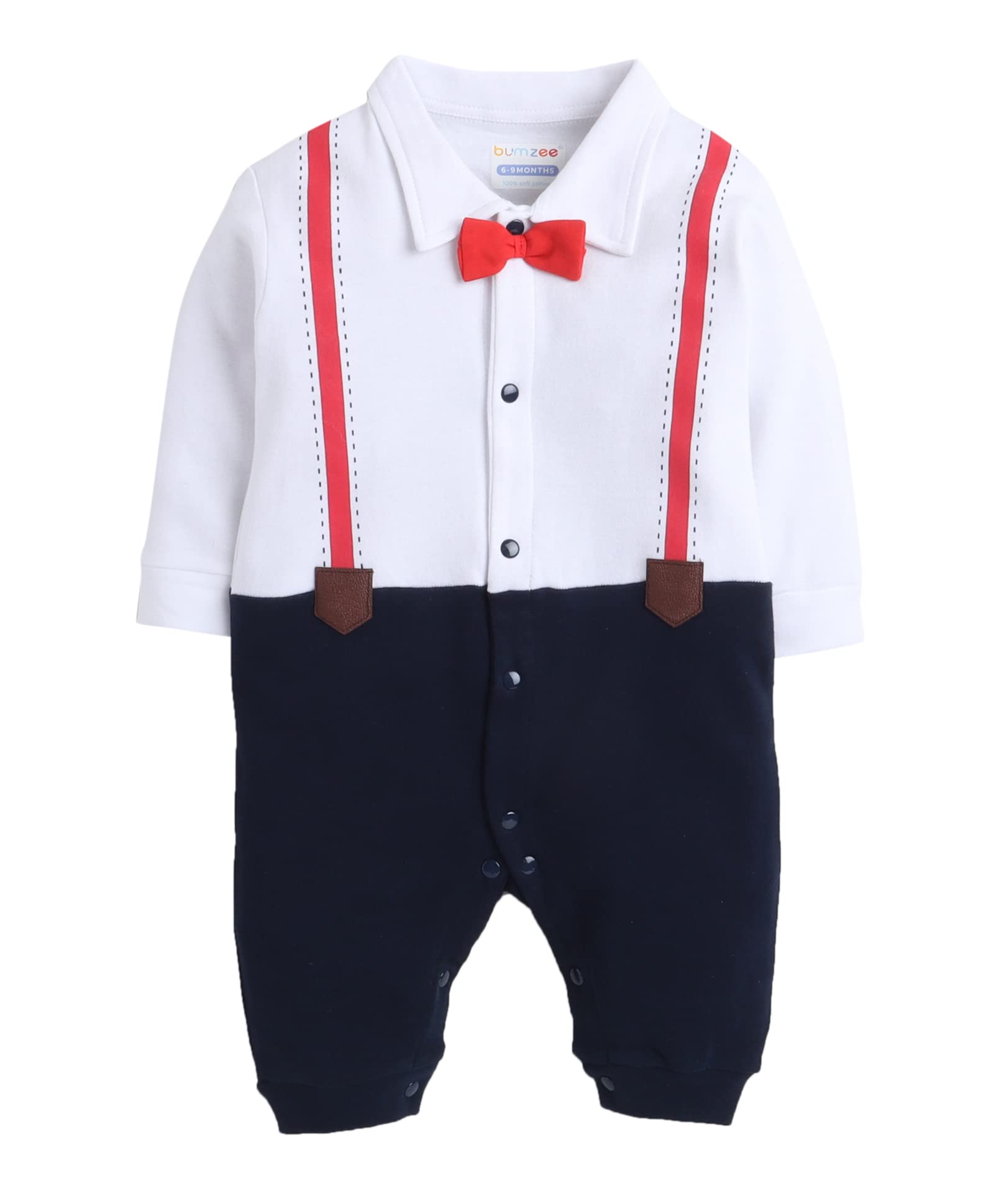 BUMZEE Navy & White Suspender Print Boys Full Sleeves Fancy Sleepsuit Age, 6 Months-9 Months (Peb286D-navy.White)