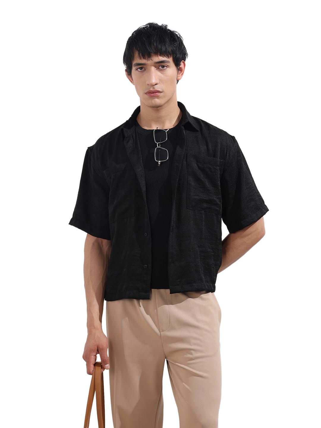 The Indian Garage Co Mens Boxy Textured Cutaway Collar Half Sleeves Resort Shirt