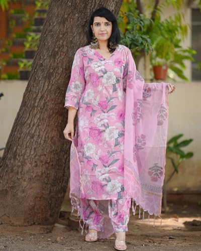 ANNI DESIGNER Womens Rayon Blend Straight Printed Kurta with Pant & Dupatta (Suragini Pink_M_Pink_Medium)
