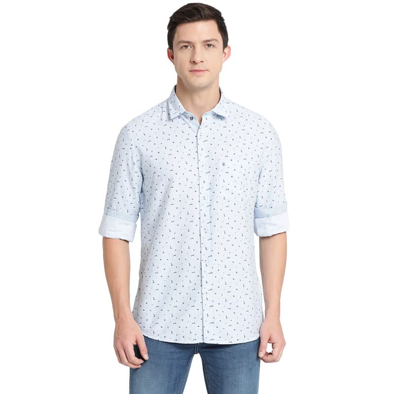 Turtle Men Sky Blue Cotton Melange Printed Slim Fit Shirts